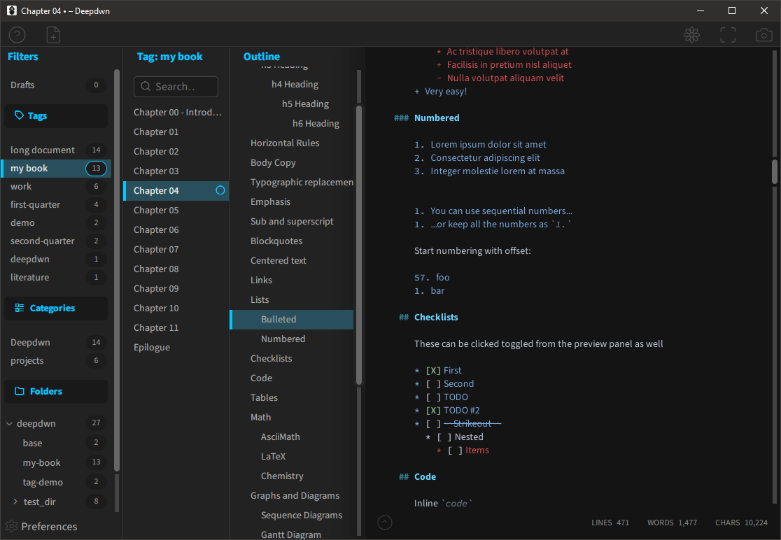 Deepdwn application window with panels for filters, file list, document outline and editor.